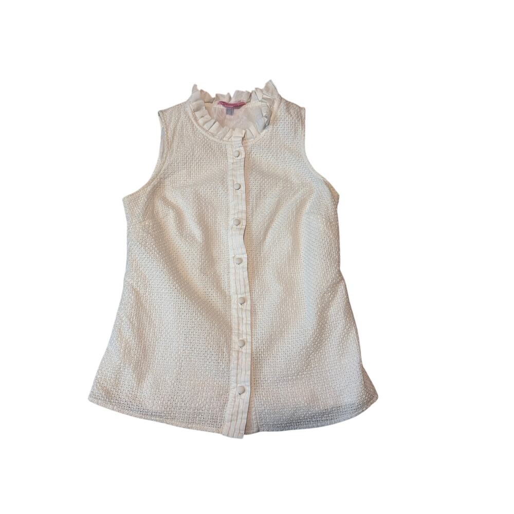 Lilly Pulitzer White Eyelet Button Up Sleeveless Blouse Size 4 Ruffle Lined